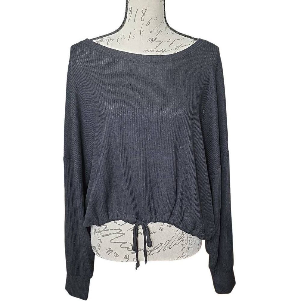 Express Women's Size Large Black Ribbed Tie Bottom Long Sleeve Cozy Top